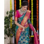 Women's Silk Printed Saree With Unstitched Blouse 5.5Mtr (Teal Blue) - Image 2