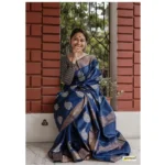 Women's Silk Printed Saree With Unstitched Blouse 5.5Mtr (Navy Blue) - Image 3
