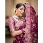 Women's Silk Printed Saree With Unstitched Blouse 5.5Mtr (Wine) - Image 2