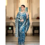 Women's Silk Printed Saree With Unstitched Blouse 5.5Mtr (Teal Blue) - Image 3