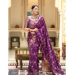 Women's Silk Printed Saree With Unstitched Blouse 5.5Mtr (Purple) - Image 3