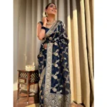 Women's Silk Printed Saree With Unstitched Blouse 5.5Mtr (Dark Blue) - Image 2