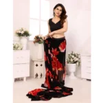 Women's Small Lace Georgette Printed Ready-to-Wear Saree With Unstitched Blouse 5.5 Mtr (Black-Red) - Image 3