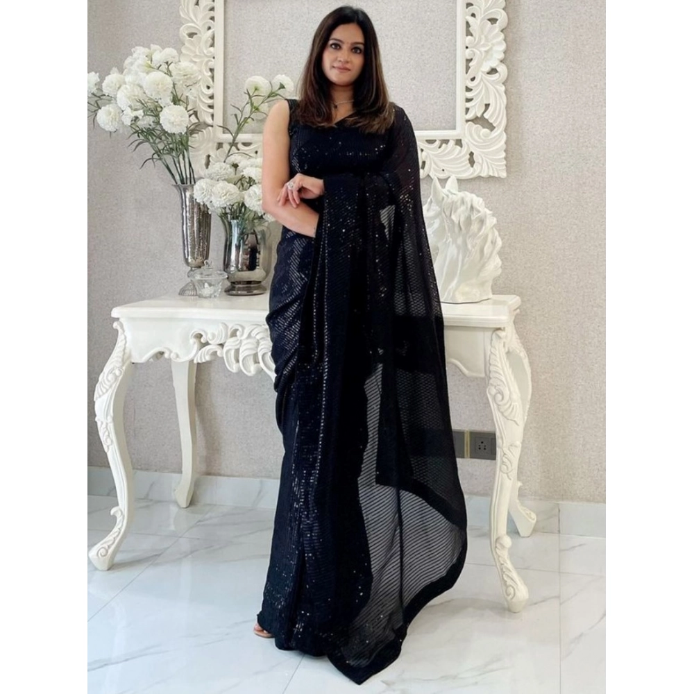 54464502557_e0017ec65e_o_d-1000x1000-1.webp Women's Georgette Embellished Sequnece Bollywood Saree With Unstitched Blouse 5.5Mtr (Black) - Image 1