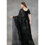 Women's Georgette Embellished Sequnece Bollywood Saree With Unstitched Blouse 5.5Mtr (Black) - Image 2