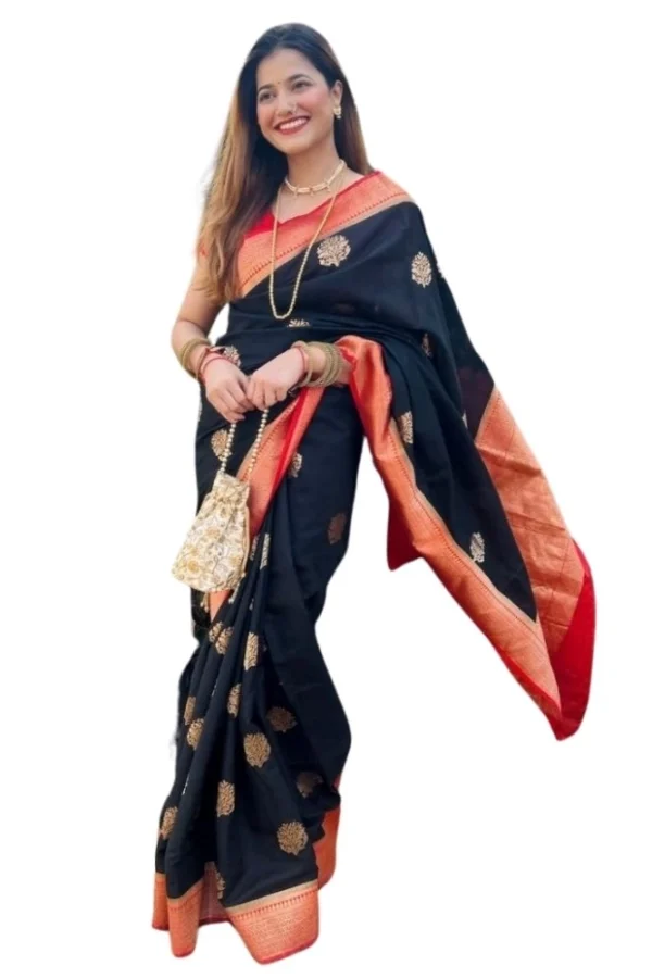 Women's Silk Printed Saree With Unstitched Blouse 5.5Mtr (Black-Red)