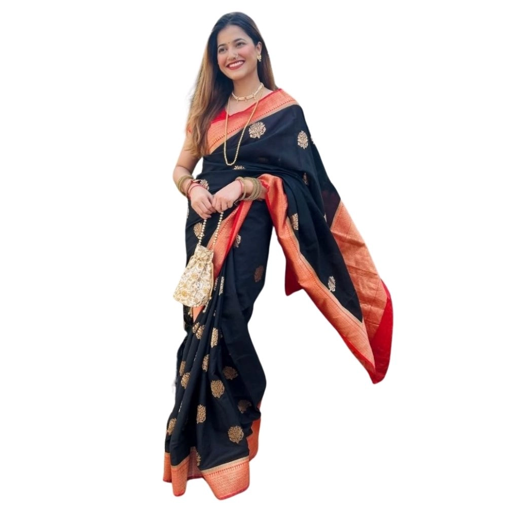 54464938957_d6f05bb31c_o_d-1000x1000-1.webp Women's Silk Printed Saree With Unstitched Blouse 5.5Mtr (Black-Red) - Image 1