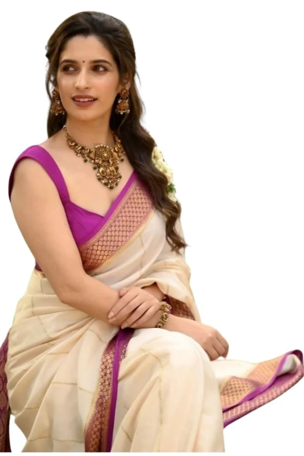 Women's Silk Printed Saree With Unstitched Blouse 5.5Mtr (Off White-Pink)
