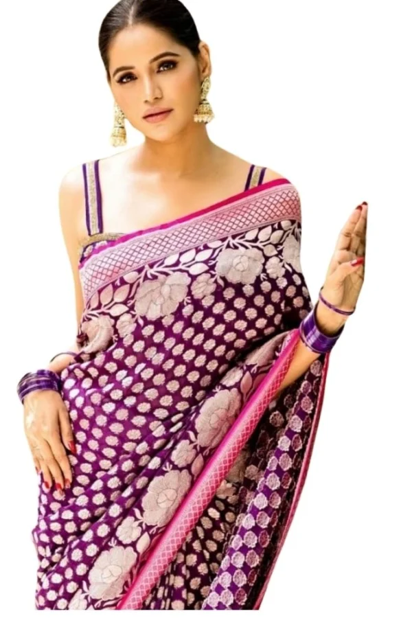 Women's Silk Printed Saree With Unstitched Blouse 5.5Mtr (Purple)