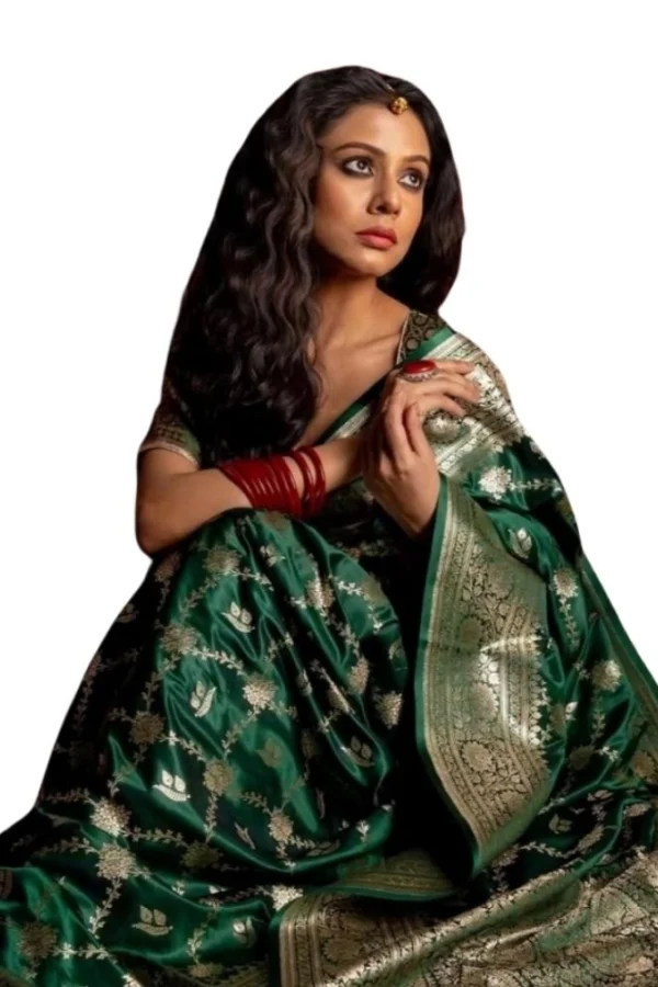 Women's Silk Printed Saree With Unstitched Blouse 5.5Mtr (Dark Green)