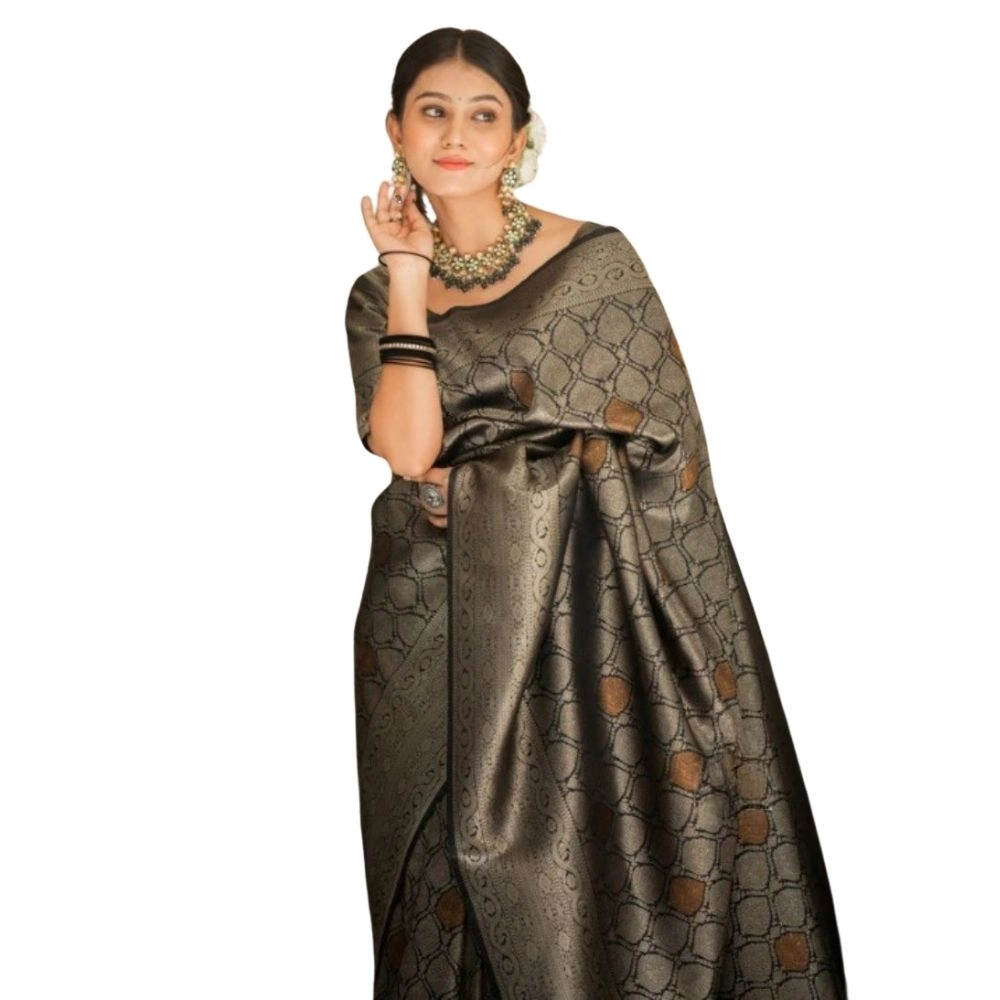 54464939877_d8528e5aa5_o_d-1000x1000-1.webp Women's Silk Printed Saree With Unstitched Blouse 5.5Mtr (Black) - Image 1
