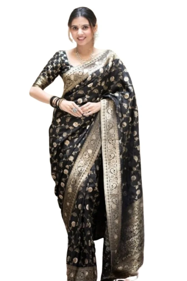 Women's Silk Printed Saree With Unstitched Blouse 5.5Mtr (Black)