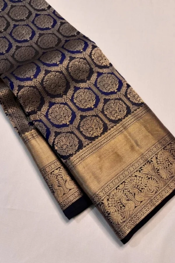 Women's Silk Printed Saree With Unstitched Blouse 5.5Mtr (Navy Blue)