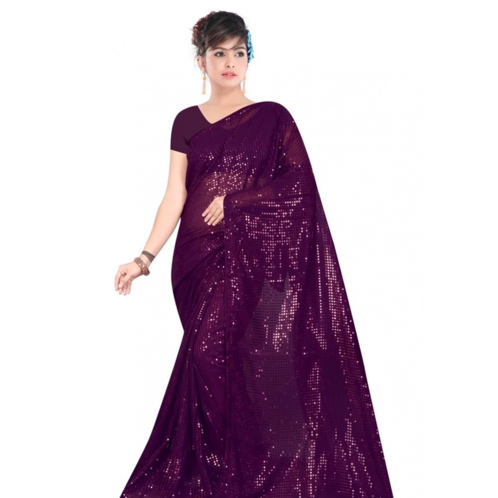 54465340616_d412a700b8_o_d-1000x1000-1.webp Women's Georgette Embellished Sequnece Bollywood Saree With Unstitched Blouse 5.5Mtr (Purple) - Image 1