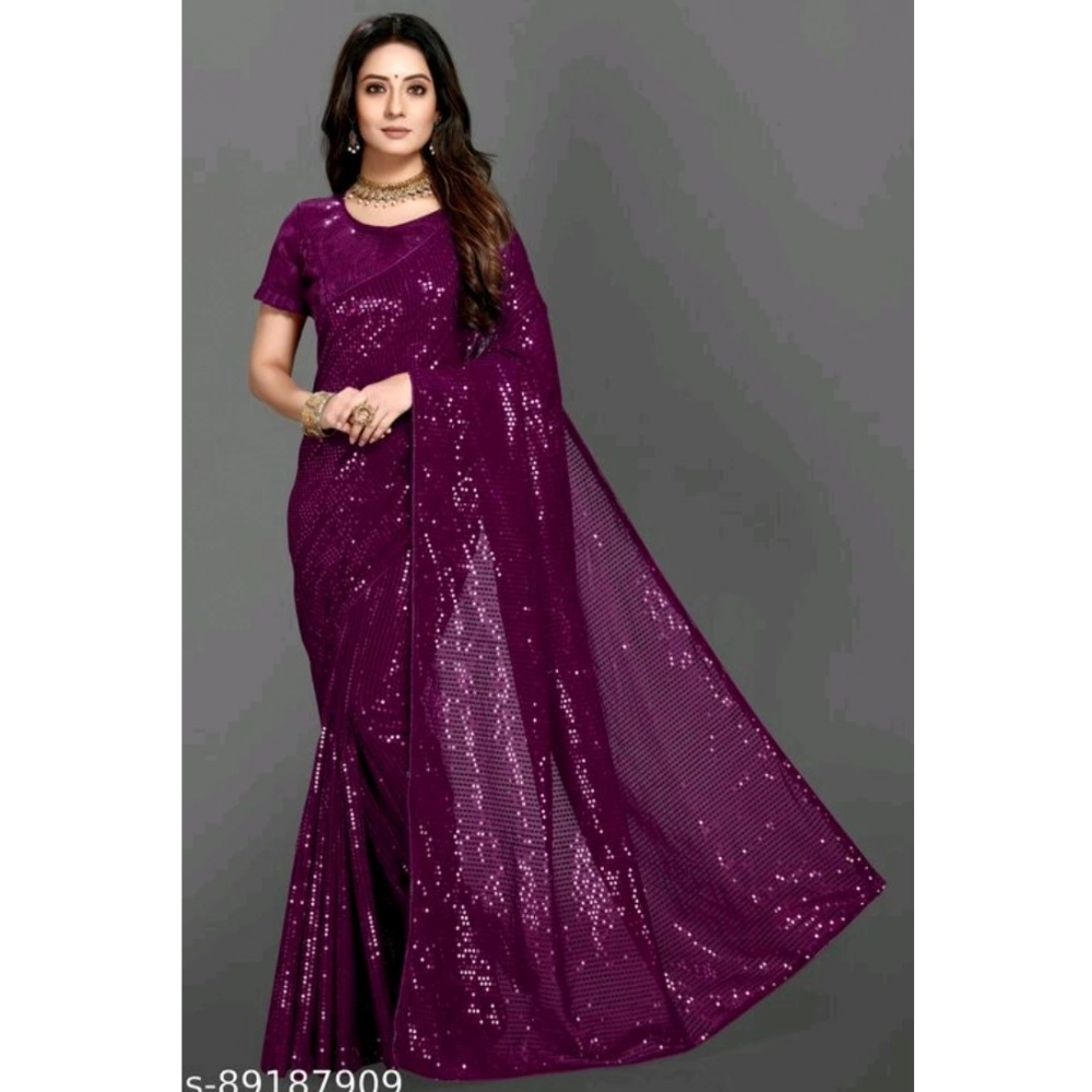 54465537809_236237868a_o_d-1000x1000-1.webp Women's Georgette Embellished Sequnece Bollywood Saree With Unstitched Blouse 5.5Mtr (Purple) - Image 1