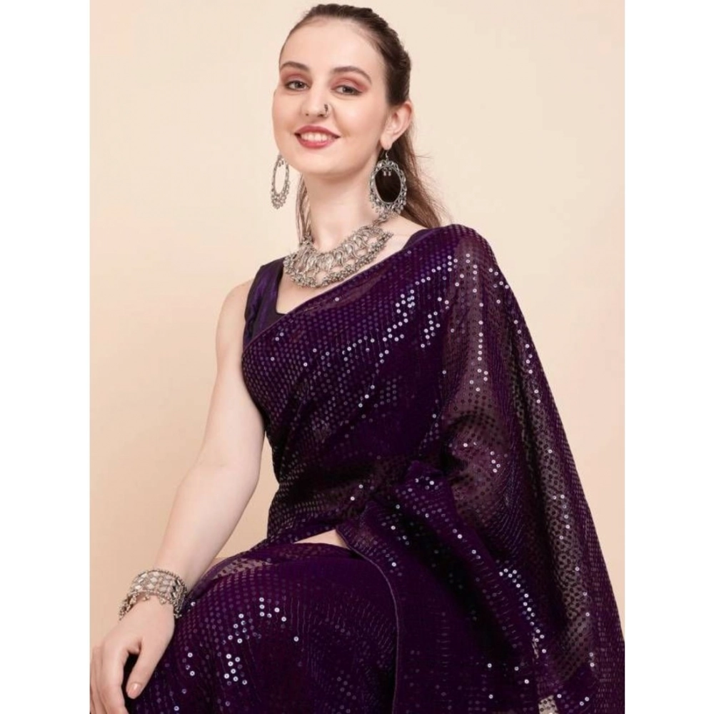 54465537844_a58514a945_o_d-1000x1000-1.webp Women's Georgette Embellished Sequnece Bollywood Saree With Unstitched Blouse 5.5Mtr (Purple) - Image 1