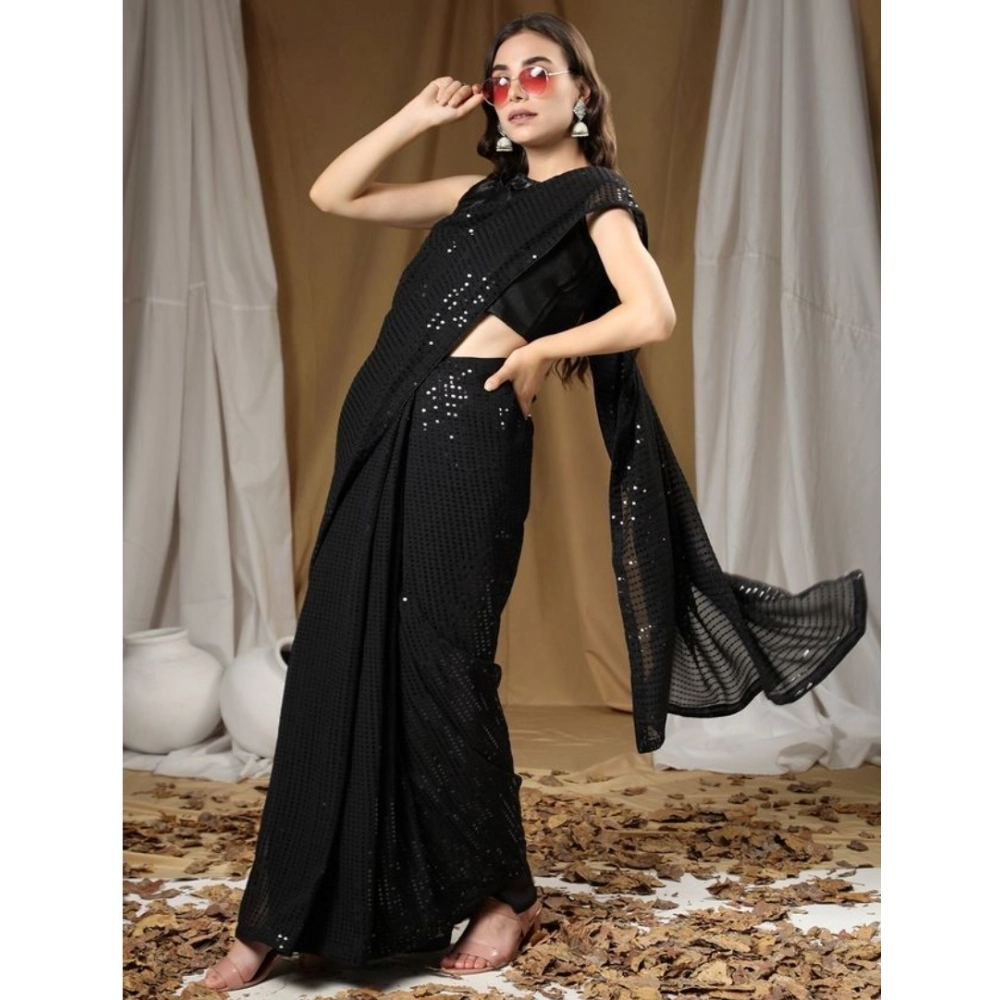 54465600838_02716cd9c7_o_d-1000x1000-1.webp Women's Georgette Embellished Sequnece Bollywood Saree With Unstitched Blouse 5.5Mtr (Black) - Image 1