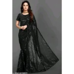 Women's Georgette Embellished Sequnece Bollywood Saree With Unstitched Blouse 5.5Mtr (Black)