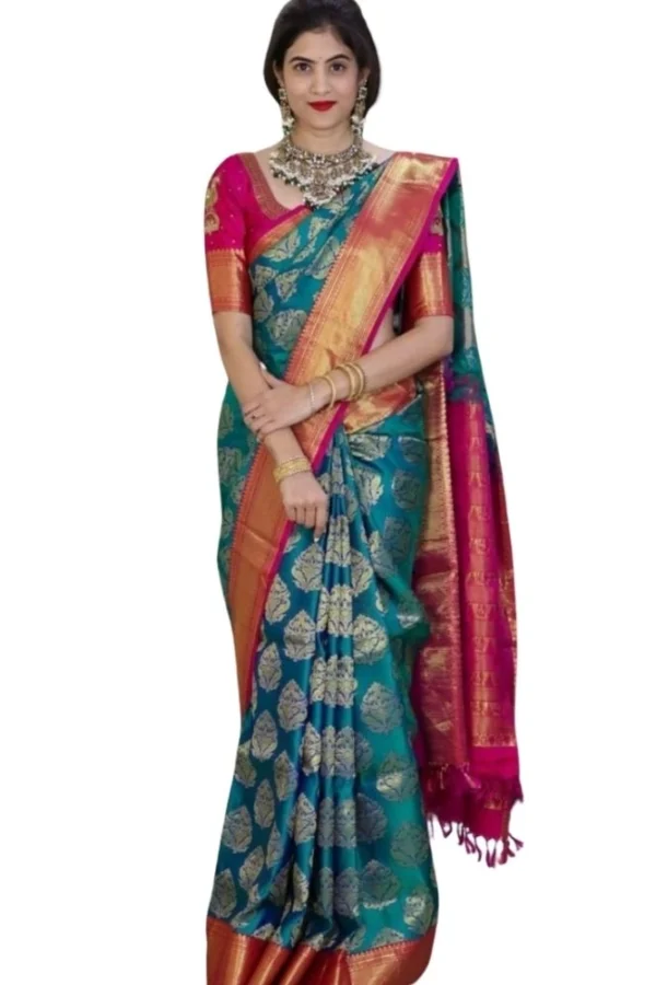 Women's Silk Printed Saree With Unstitched Blouse 5.5Mtr (Teal Blue)