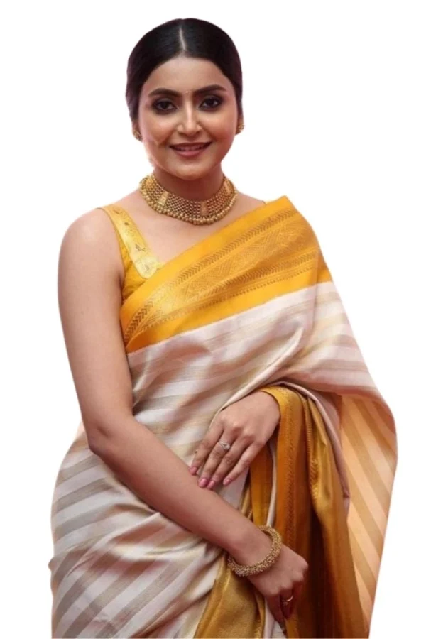 Women's Silk Printed Saree With Unstitched Blouse 5.5Mtr (Off White-Yellow)