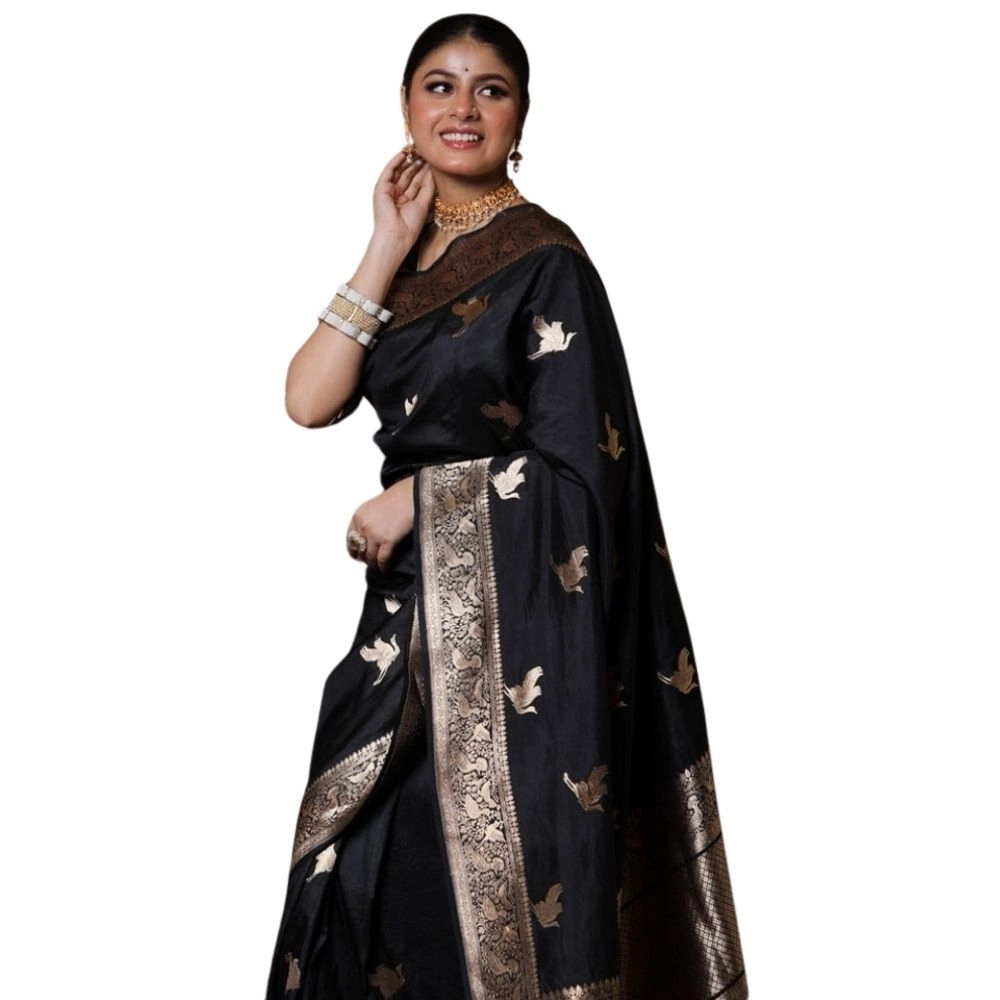 54465778636_2a2f2e47df_o_d-1000x1000-1.webp Women's Silk Printed Saree With Unstitched Blouse 5.5Mtr (Black) - Image 1