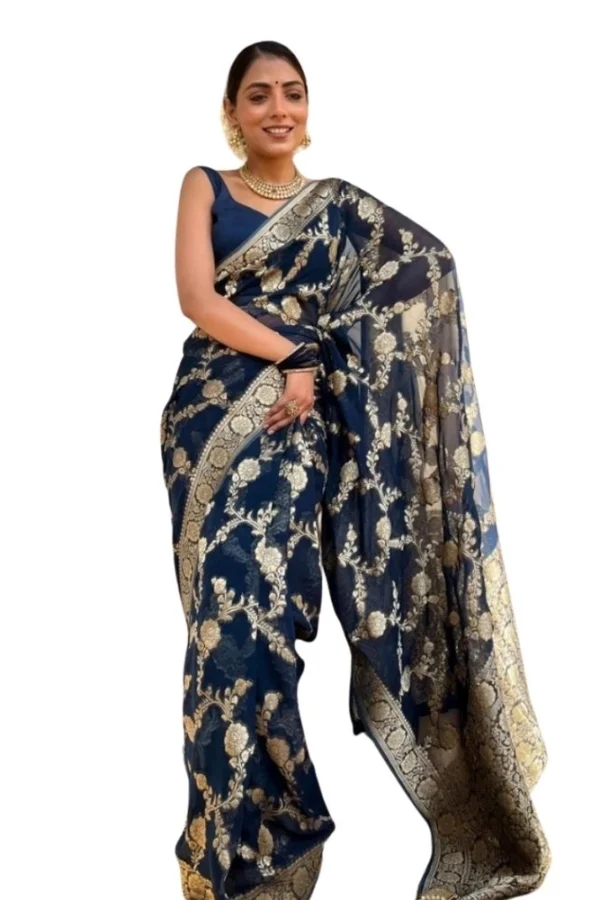 Women's Silk Printed Saree With Unstitched Blouse 5.5Mtr (Dark Blue)
