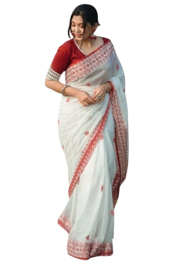 Women's Cotton  Printed Saree With Unstitched Blouse 5.5Mtr (White-Red)