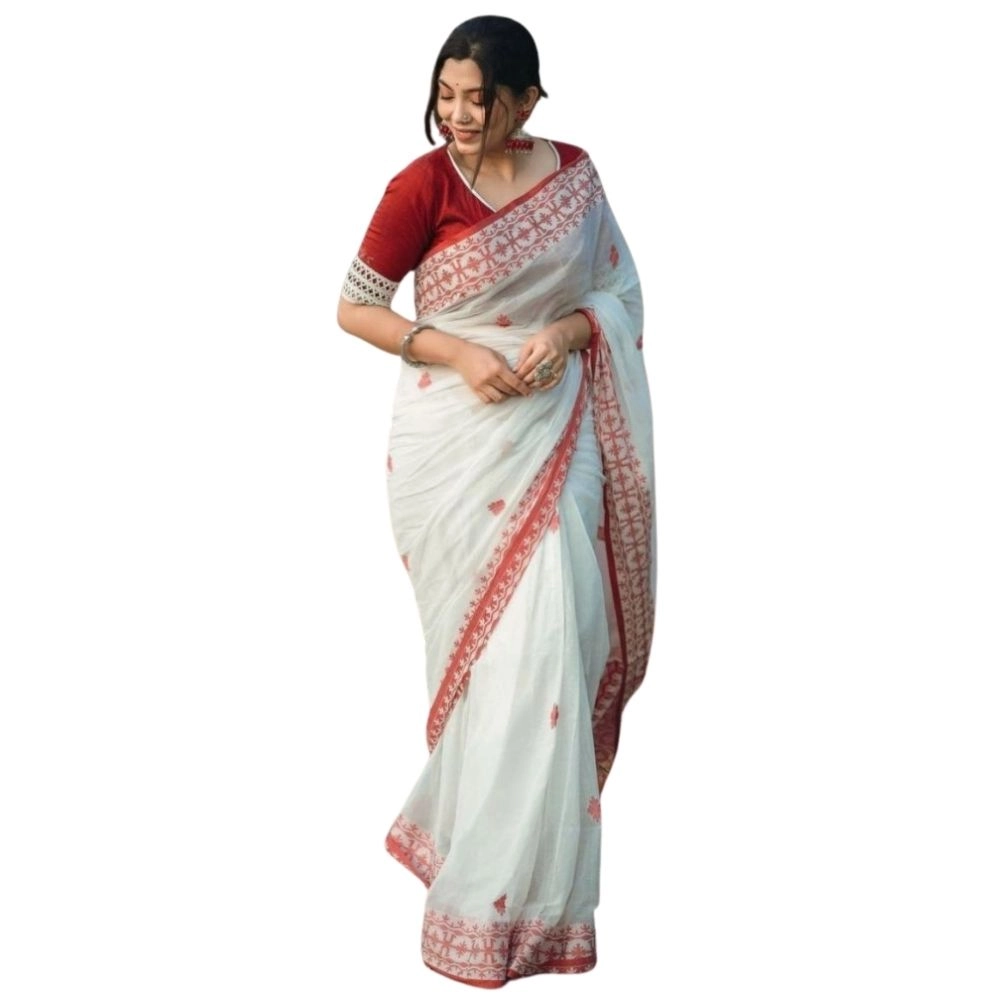 54465973364_804eef58cc_o_d-1000x1000-1.webp Women's Cotton Printed Saree With Unstitched Blouse 5.5Mtr (White-Red) - Image 1