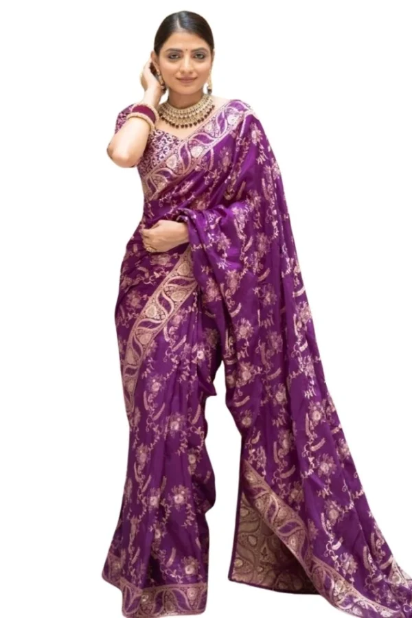 Women's Silk Printed Saree With Unstitched Blouse 5.5Mtr (Purple)