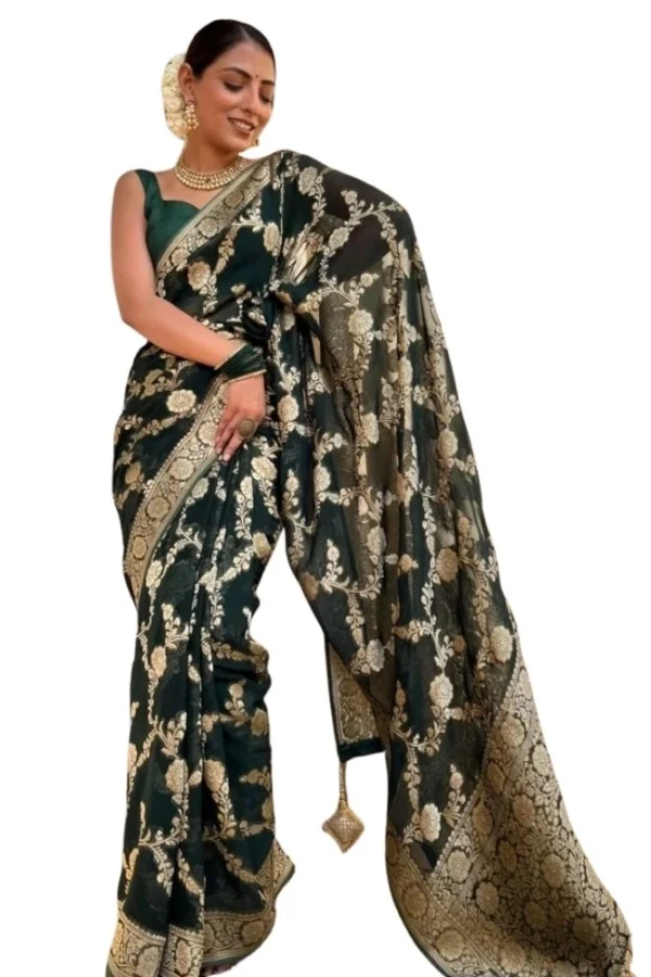 Women's Silk Printed Saree With Unstitched Blouse 5.5Mtr (Dark Green)