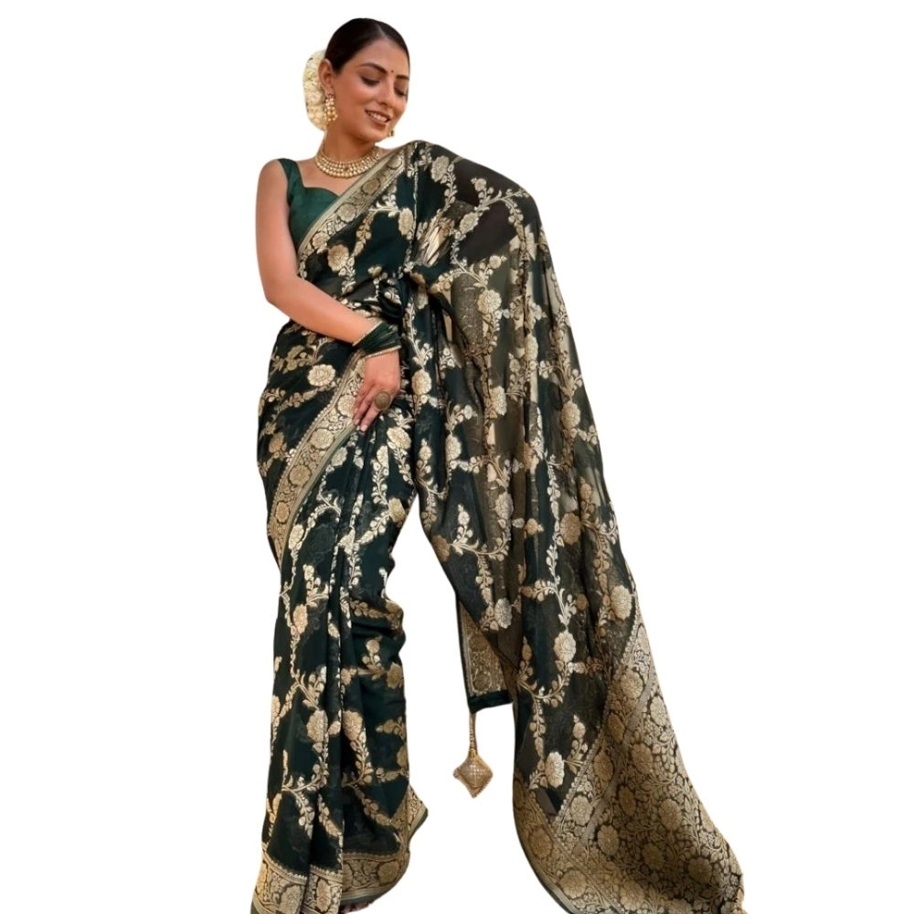 54466035578_a927ea80e3_o_d-1000x1000-1.webp Women's Silk Printed Saree With Unstitched Blouse 5.5Mtr (Dark Green) - Image 1