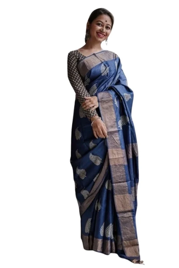Women's Silk Printed Saree With Unstitched Blouse 5.5Mtr (Navy Blue)