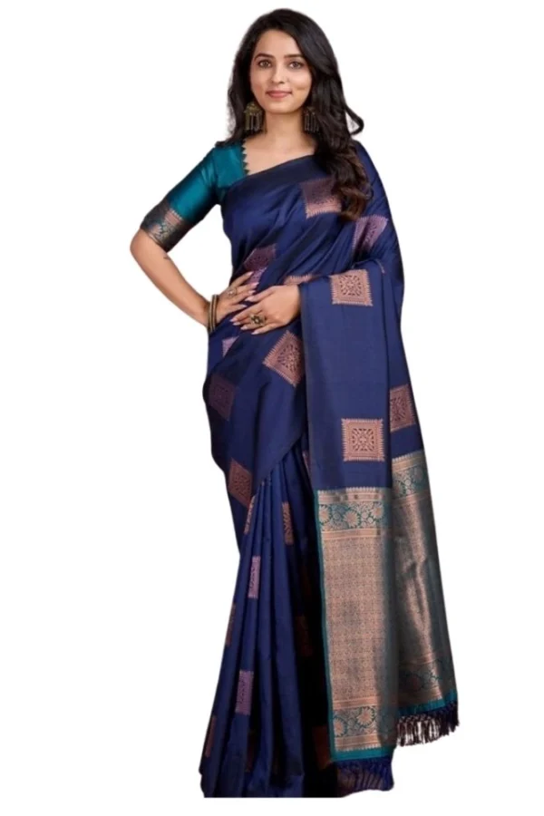 Women's Silk Printed Saree With Unstitched Blouse 5.5Mtr (Navy Blue)