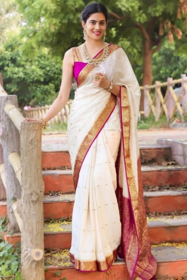 Women's Silk Printed Saree With Unstitched Blouse 5.5Mtr (White)