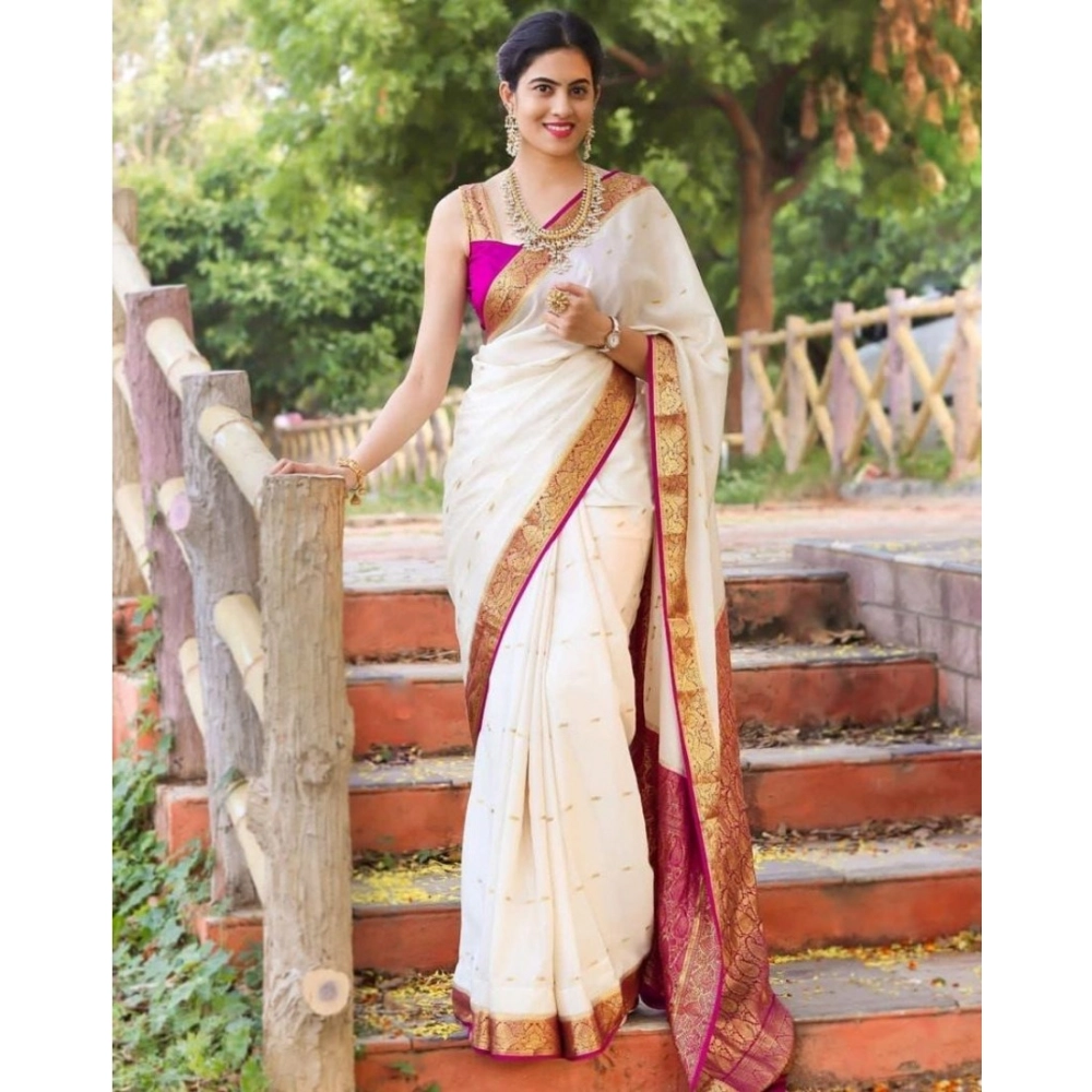 54466036208_5e036d5f74_o_d-1000x1000-1.webp Women's Silk Printed Saree With Unstitched Blouse 5.5Mtr (White) - Image 1