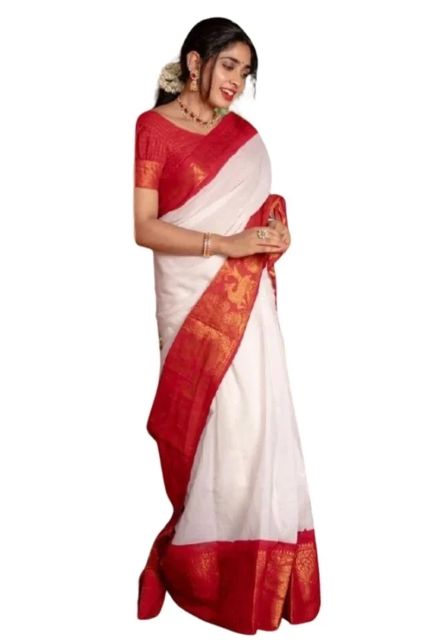 Women's Silk Printed Saree With Unstitched Blouse 5.5Mtr (White)