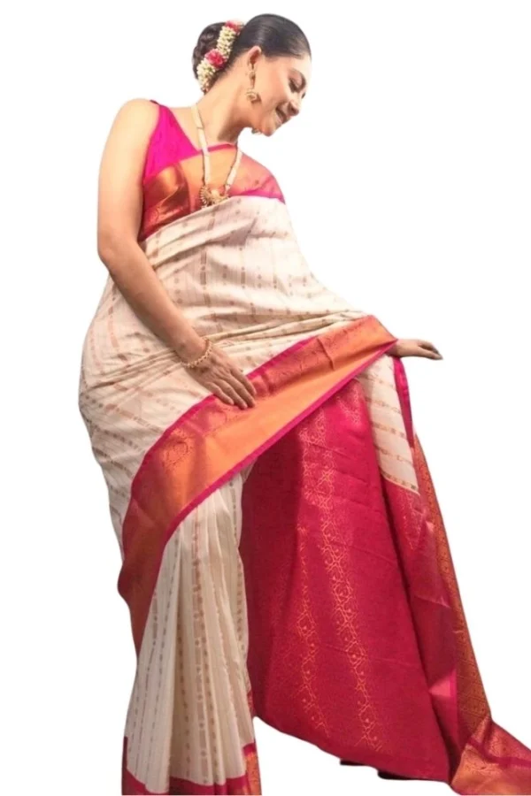 Women's Silk Printed Saree With Unstitched Blouse 5.5Mtr (White-Pink)