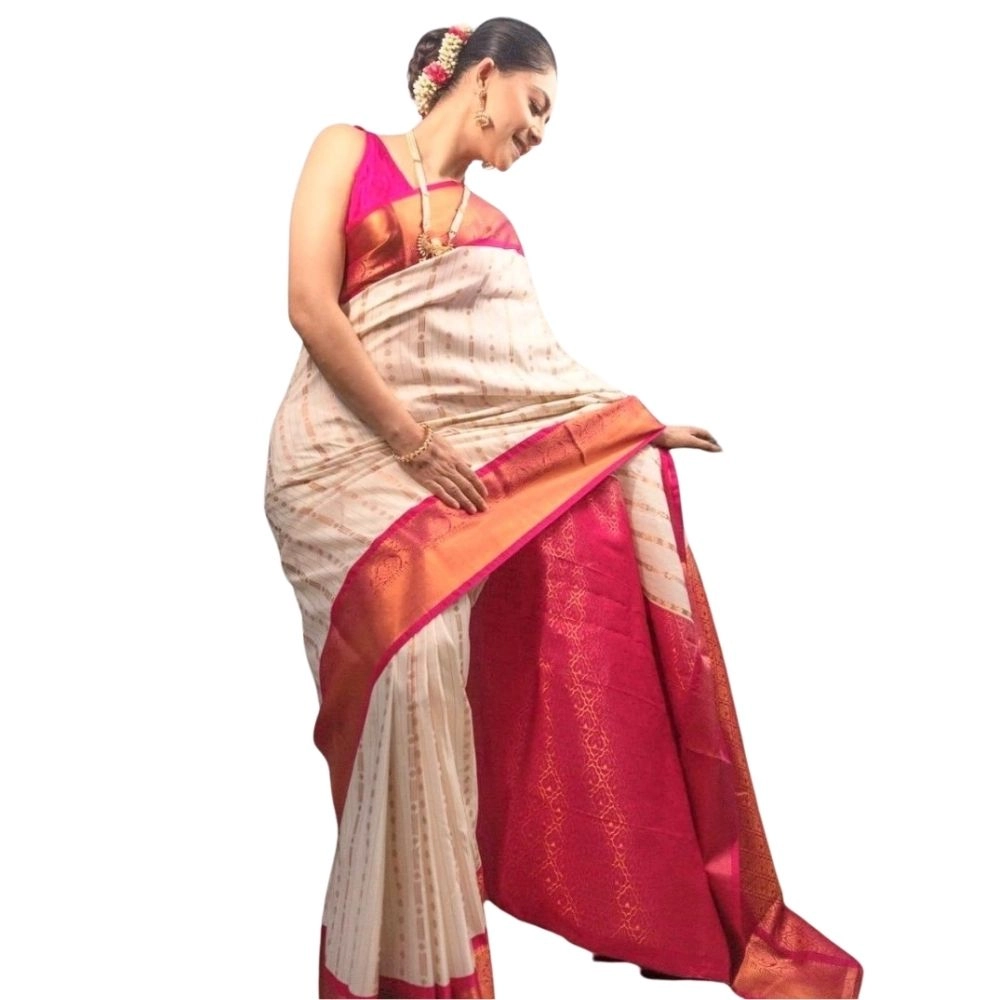 54466127490_a0ef42e253_o_d-1000x1000-1.webp Women's Silk Printed Saree With Unstitched Blouse 5.5Mtr (White-Pink) - Image 1