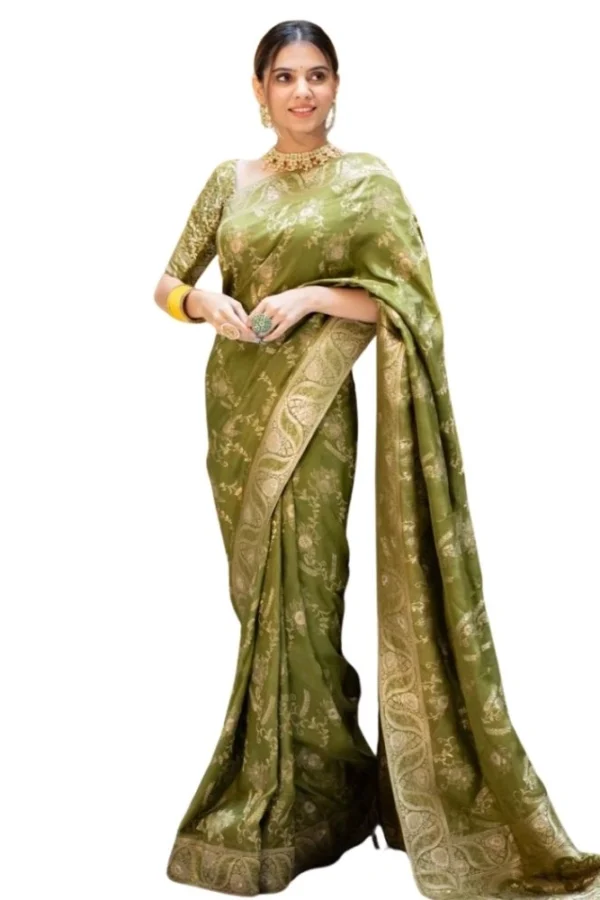 Women's Silk Printed Saree With Unstitched Blouse 5.5Mtr (Olive Green)