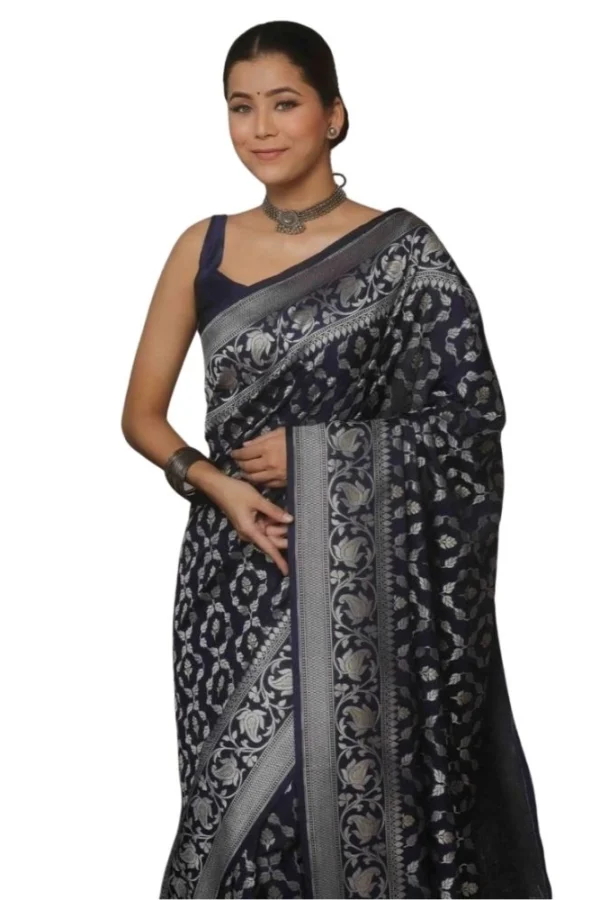 Women's Silk Printed Saree With Unstitched Blouse 5.5Mtr (Navy Blue)