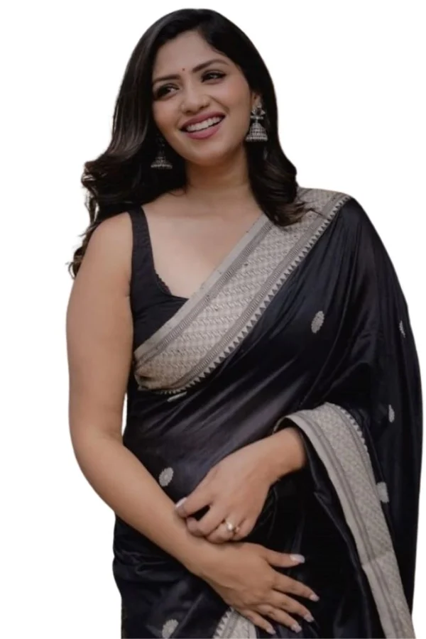 Women's Silk Printed Saree With Unstitched Blouse 5.5Mtr (Black)