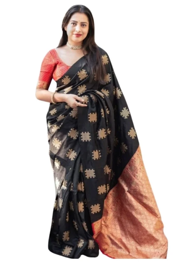 Women's Silk Printed Saree With Unstitched Blouse 5.5Mtr (Blacl-Orange)