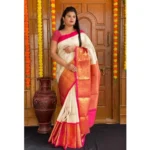 Women's Soft Lichi Silk Printed Saree With Unstitched Blouse 5.5Mtr (Cream) - Image 2