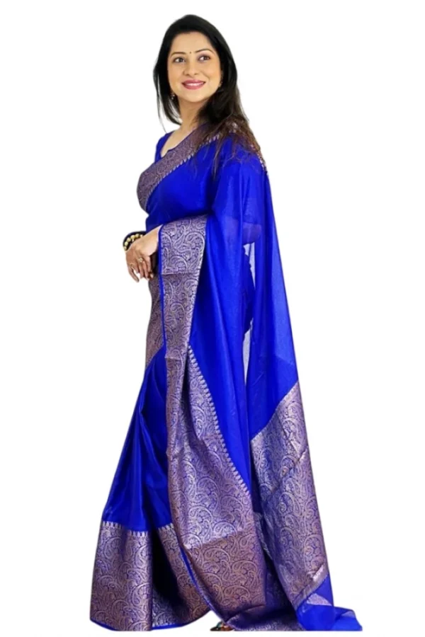 Women's Soft Lichi Silk Solid Saree With Unstitched Blouse 5.5Mtr (Blue)
