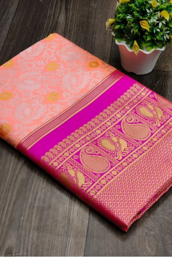 Women's Soft Lichi Silk Printed Saree With Unstitched Blouse 5.5Mtr (Pink)