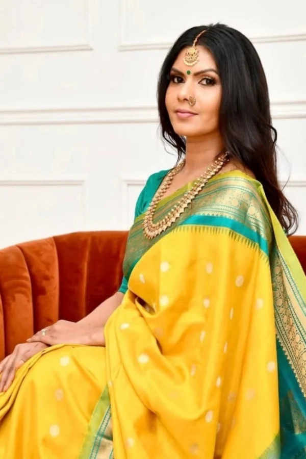 Women's Soft Lichi Silk Printed Saree With Unstitched Blouse 5.5Mtr (Yellow)