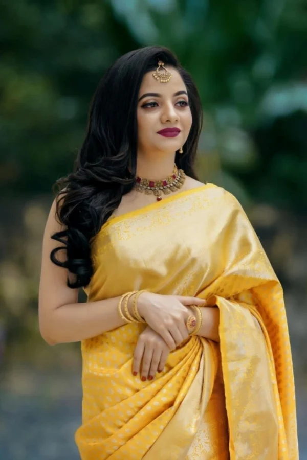 Women's Soft Lichi Silk Printed Saree With Unstitched Blouse 5.5Mtr (Yellow)