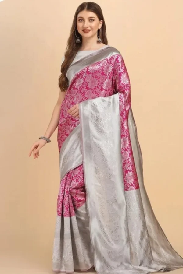 Women's Soft Lichi Silk Printed Saree With Unstitched Blouse 5.5Mtr (Pink)