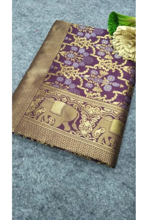 Women's Soft Lichi Silk Printed Saree With Unstitched Blouse 5.5Mtr (Purple)