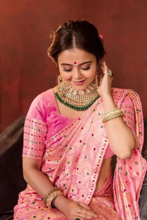 Women's Soft Lichi Silk Printed Saree With Unstitched Blouse 5.5Mtr (Pink)